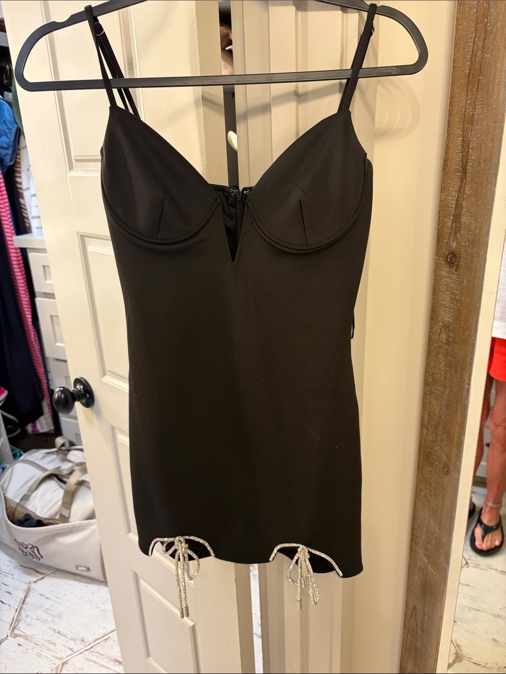 Lina Black Slip Dress with Rhinestone Tie Accents